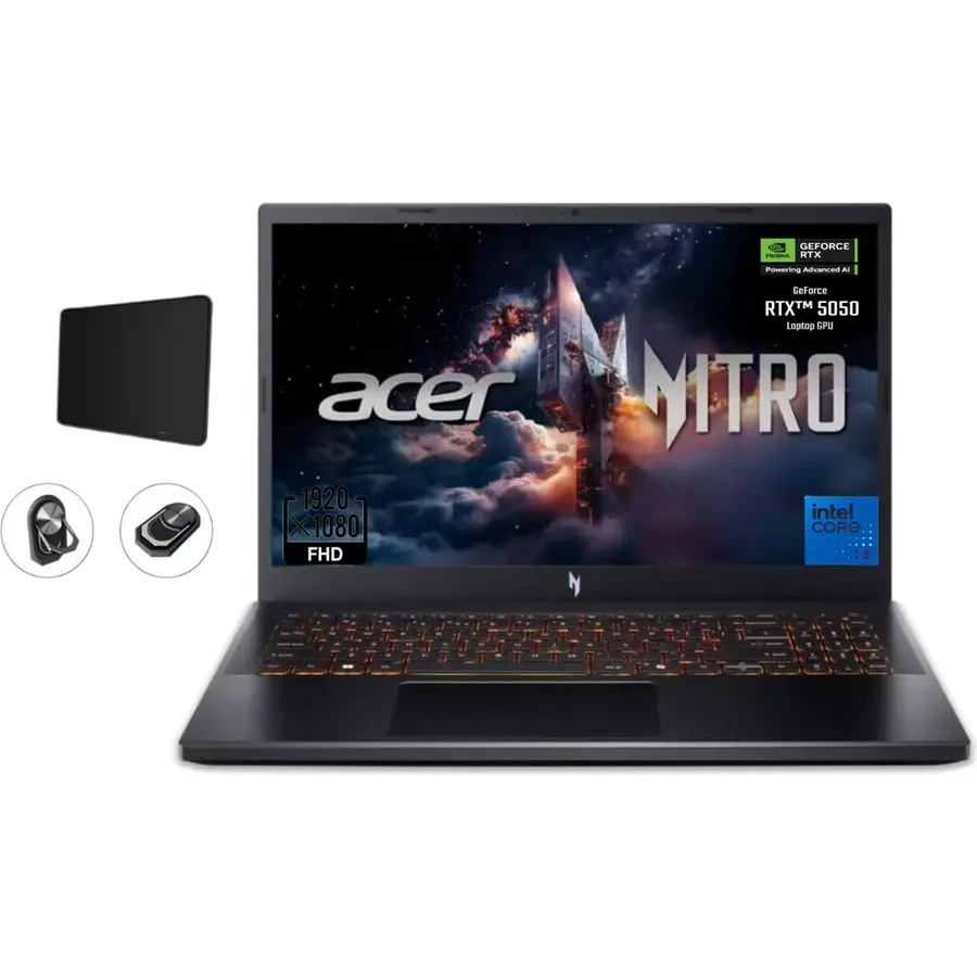 acer Nitro V Gaming Laptop, 15.6" FHD IPS Display, 165Hz, Intel i5-13420H, NVIDIA GeForce RTX 5050 with 8GB GDDR7 VRAM, 16GB RAM, 512GB SSD, BK, Win11H, Obsidian Black, TWE Accessories