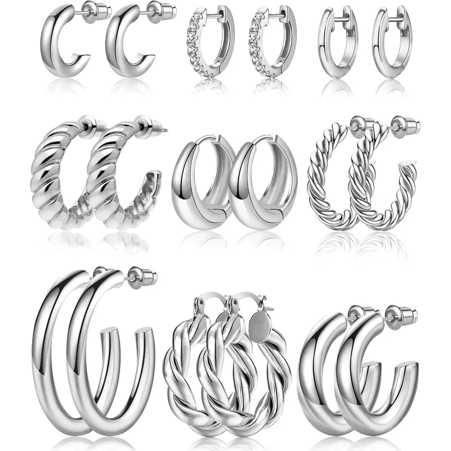 Adoyi 9 Pairs Gold Hoop Earrings Set for Womens Twisted Huggie Hoops Earrings 14K 18K Gold Plated for Girls Valentines Mother's Day Birthday Gifts Lightweight