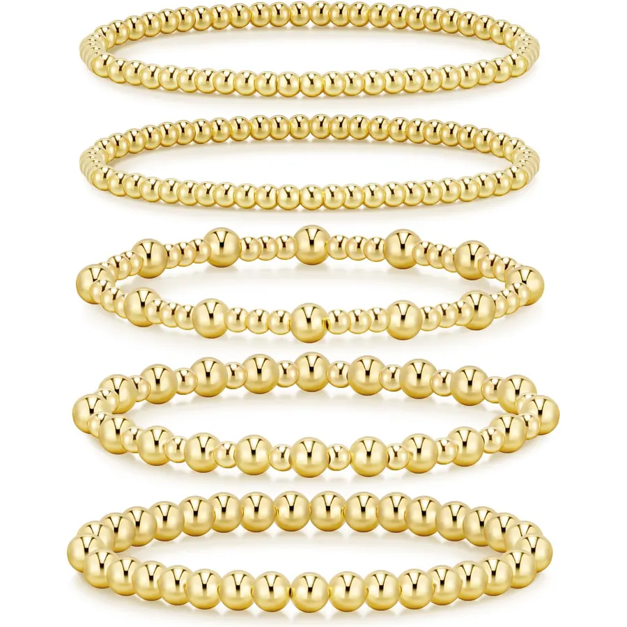 adoyi Gold Bracelets for Women Waterproof, 14K Gold Plated Beaded Strand Bead Ball Bracelets stack Adjustable Jewelry Set for Gifts