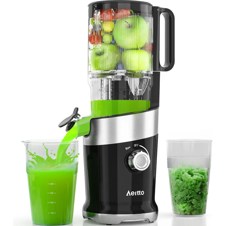 Cold Press Juicer For Whole Fruits, Aeitto Juicer Machines with Large Feed Chute, Self Feeding, Easy to Assemble, High Juice Yield, Easy to Clean with Brush