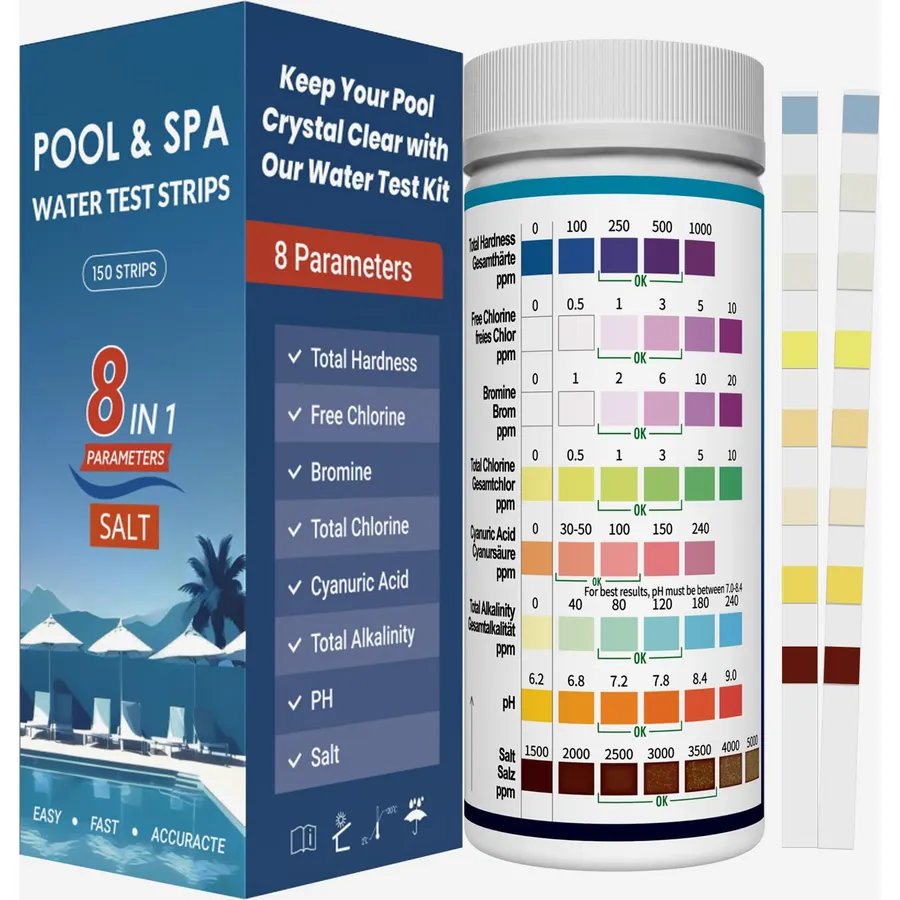 2026 Salt Water 8-in-1 Pool Test Strips Kit | 150 Strips Pool Salt Test Strips | Salt Water Pool Testing Kit for Pools, Hot Tubs & Spas Quick Accurate Tests Salt, Chlorine, pH, Cyanuric Acid