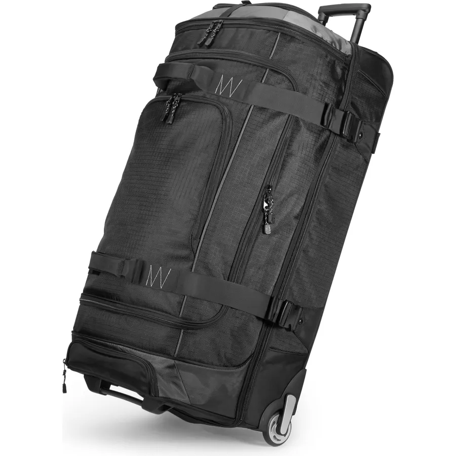 Amazon Basics 35-inch Large Rolling Duffel Bag with Wheels and Handle, Travel Duffle with Durable Ripstop Polyester Material, 2 Layers of Storage Space, Multiple Interior and Exterior Pockets, Black