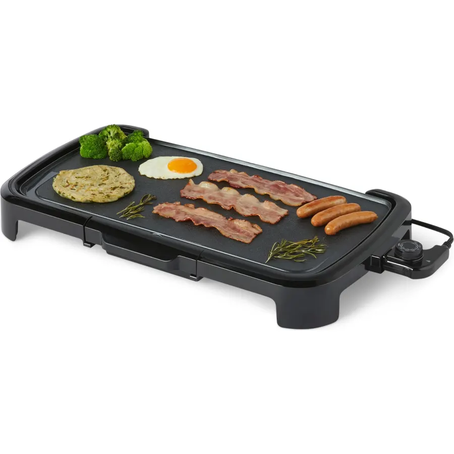 Amazon Basics Electric Griddle with Nonstick Ceramic Coating, Adjustable Temperature, Detachable Dishwasher Safe Plate, Drip Tray, 10 x 20 inches, Black