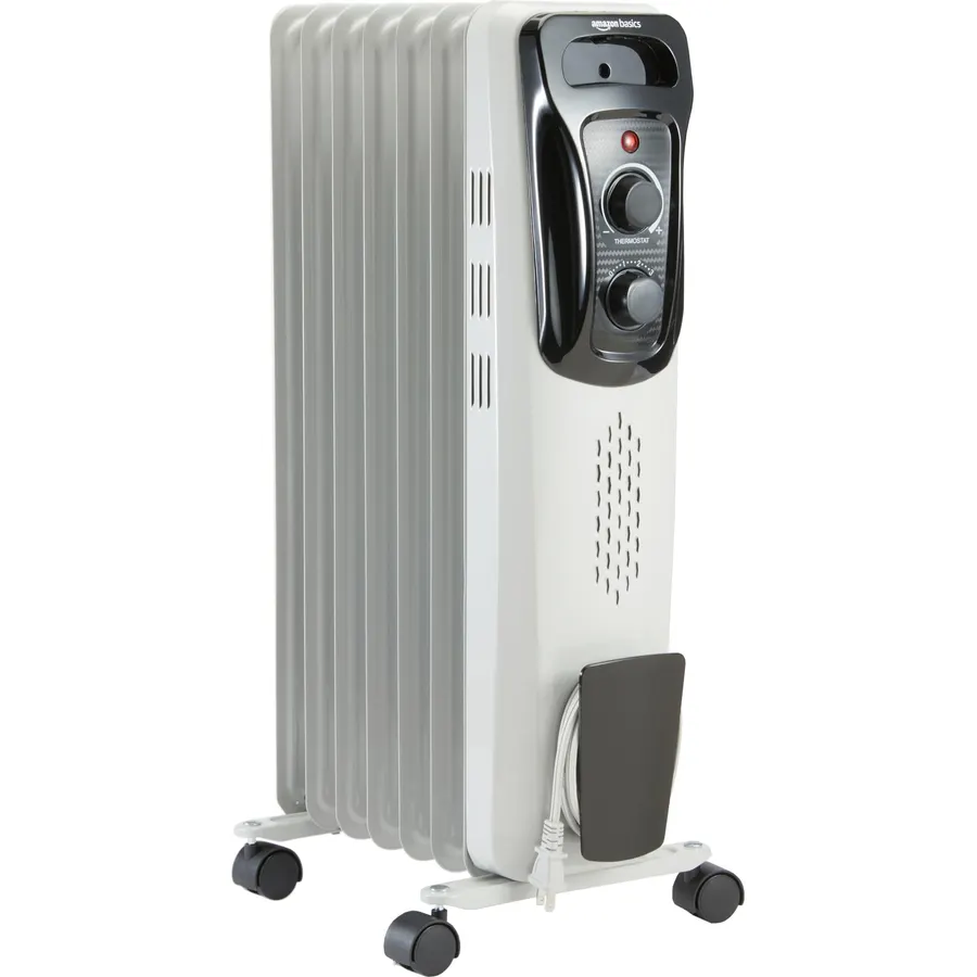 Amazon Basics Portable Oil Radiator Heater, Indoor Use, 3 Heat Settings, Over-Heat Protection, ETL-certified Safety, 7 Oil-Filled Steel Fins, 1500W, Tip-Over Protection, 11"D x 14.8"W x 25.2"H, White
