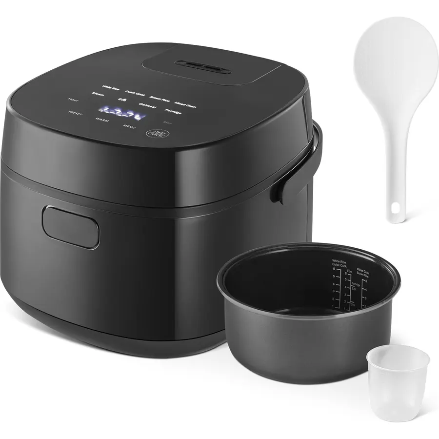 Amazon Basics Rice Cooker 6-cup Uncooked 12-cup Cooked, Micon with Fuzzy Logic, Keep Warm, Black