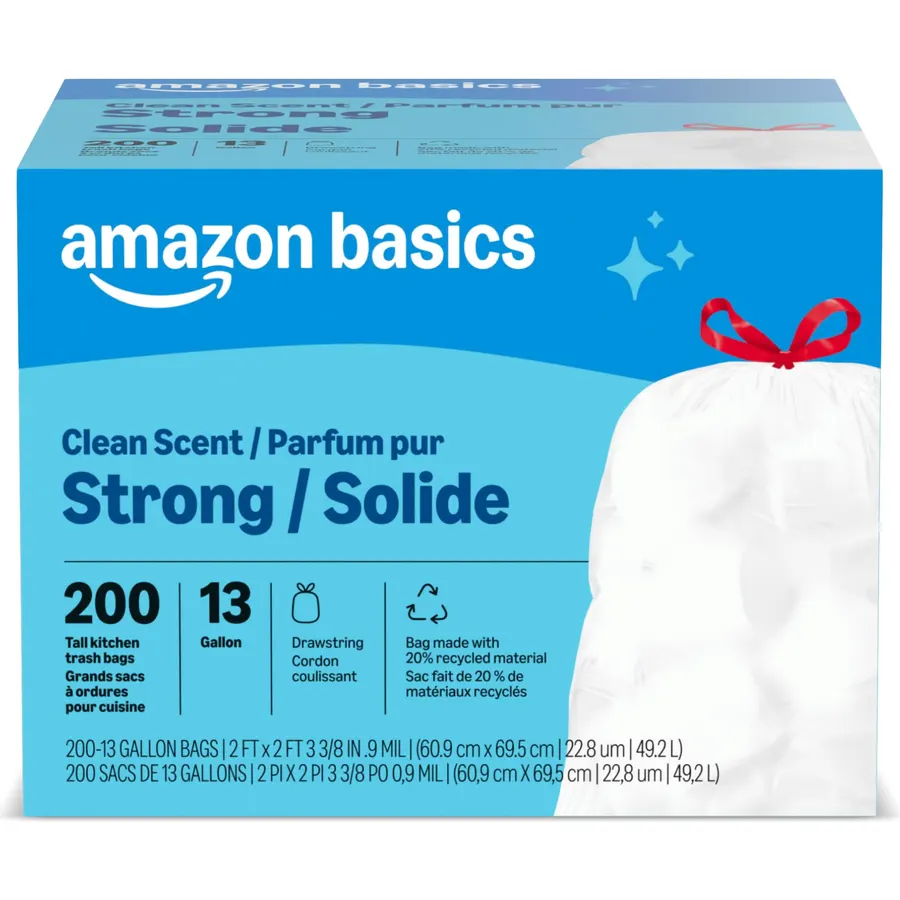 Amazon Basics Tall Kitchen Drawstring Trash Bags, Clean Scent, 13 Gallon, 45 Count, Packaging May Vary