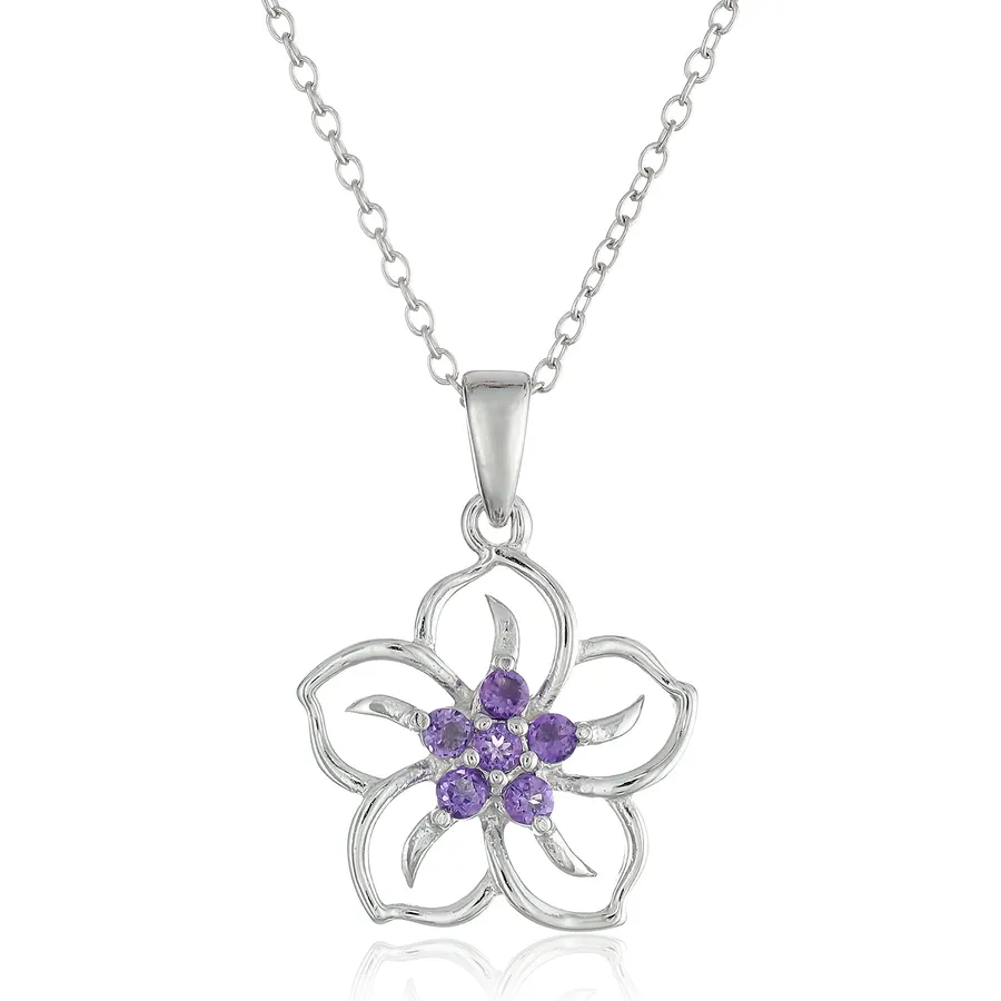 Amazon Collection Genuine or Created Gemstone Birthstone Flower Pendant Necklace with Chain in Sterling Silver