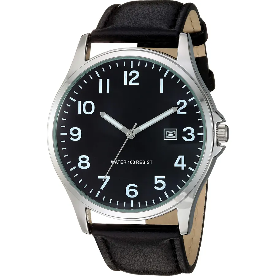 Amazon Essentials Men's Easy to Read 42mm Leather Band Analog Watch