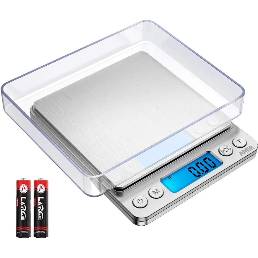 (Upgraded) AMIR Digital Kitchen Scale, 500g Mini Pocket Jewelry Scale, Food Scale, Coffee Scale, Back-Lit LCD Display, 2 Trays, 6 Units, Auto Off, Tare, PCS, Stainless Steel (Batteries Included)