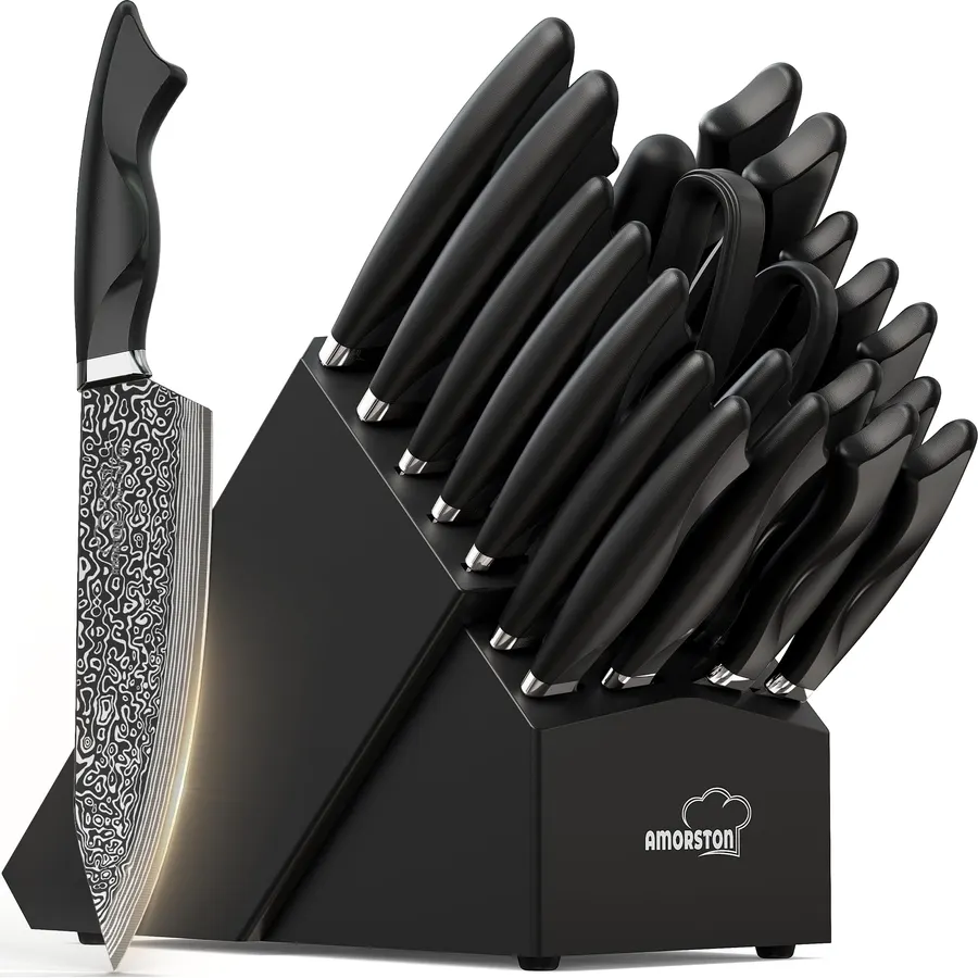 Amorston 22 Pieces Knife Block Set with Built-in Sharpener
