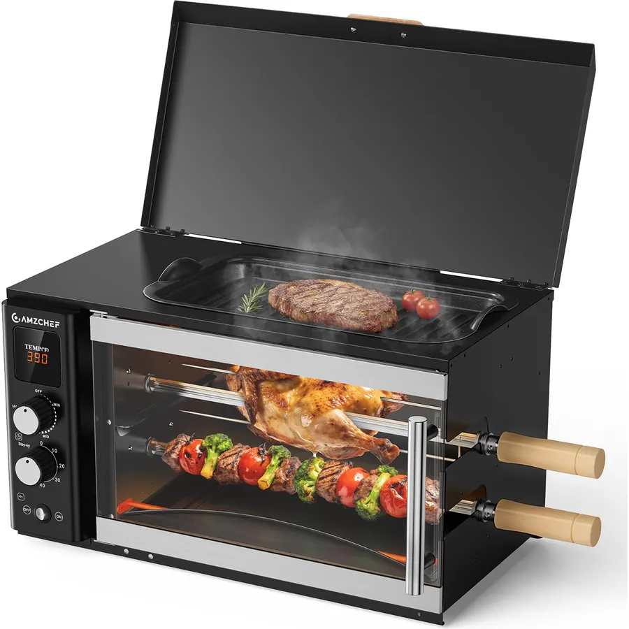 AMZCHEF Electric Rotisserie Grill with 2-in-1 Cooking Mode,34QT Rotisserie Oven with 360° Auto-Rotating Heating, Dual Skewers, Grilling Rack, Countertop Grill for Home, Restaurant, Kitchen Parties
