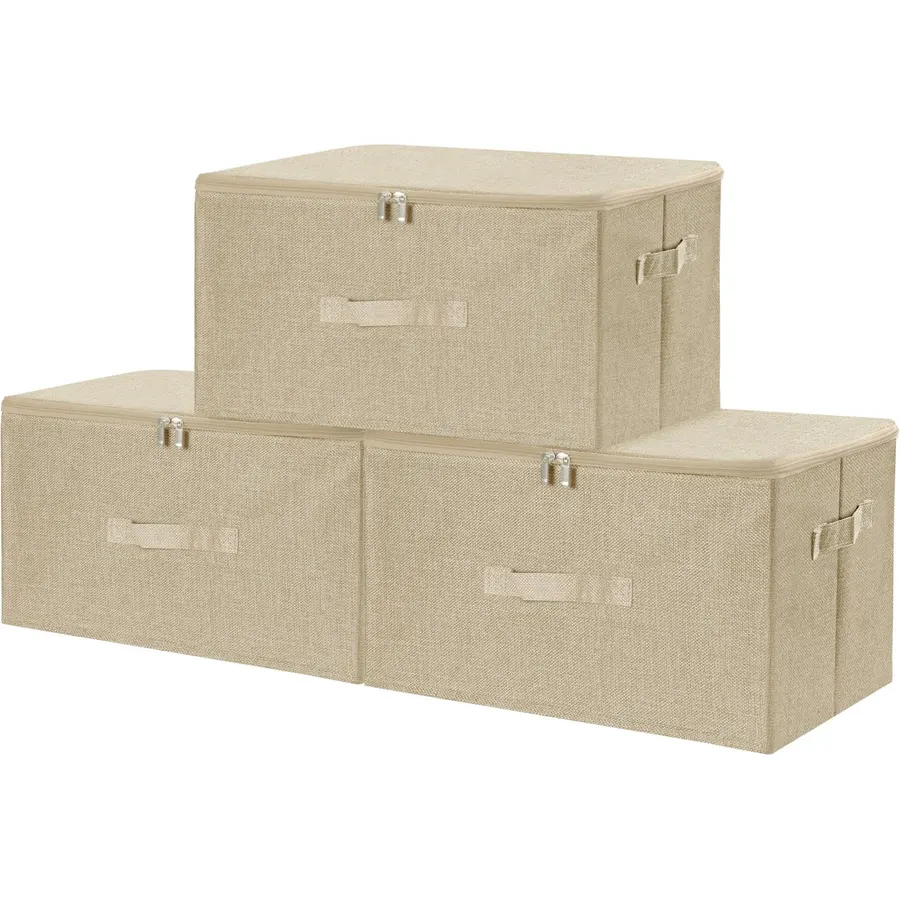 ANMINY Fabric Storage Bins with Zipper Lids, 18"x14"x10", Beige, 3 PCS