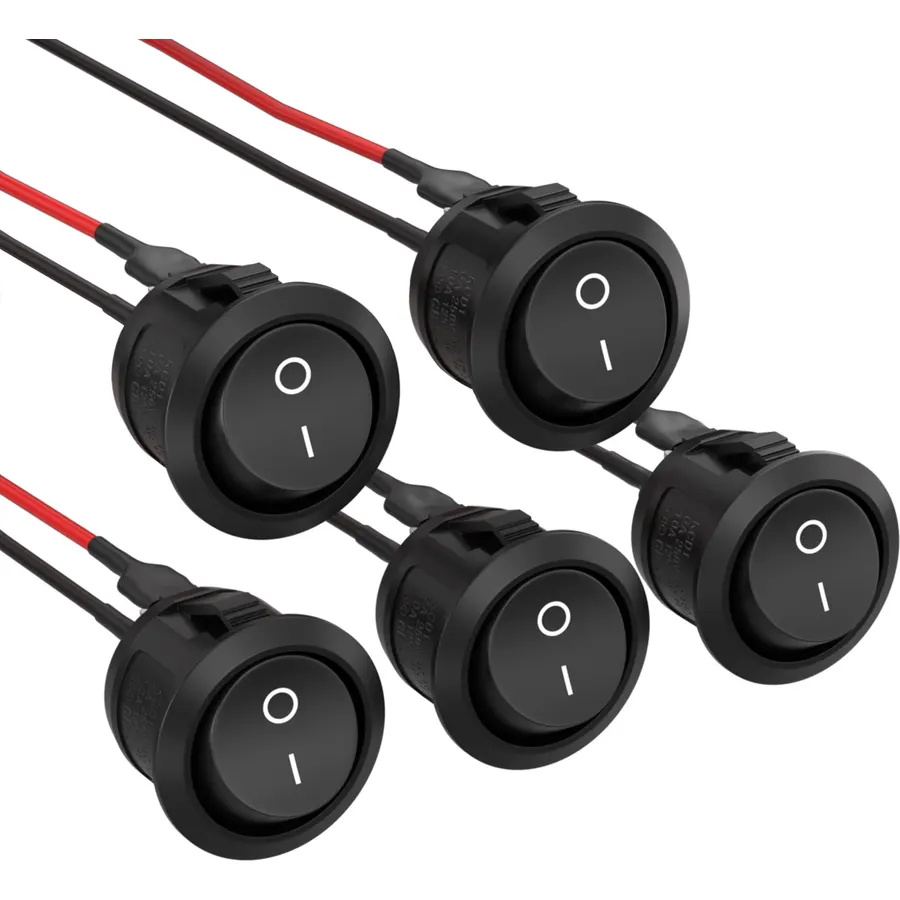APIELE 5Pcs Rocker Switch ON Off KCD1 Mini Round Toggle Switch SPST 2Pin Snap-in Design Car Boat Automotive with Wires Pre-Wired AC 6A/250V 10A/125V 12VDC