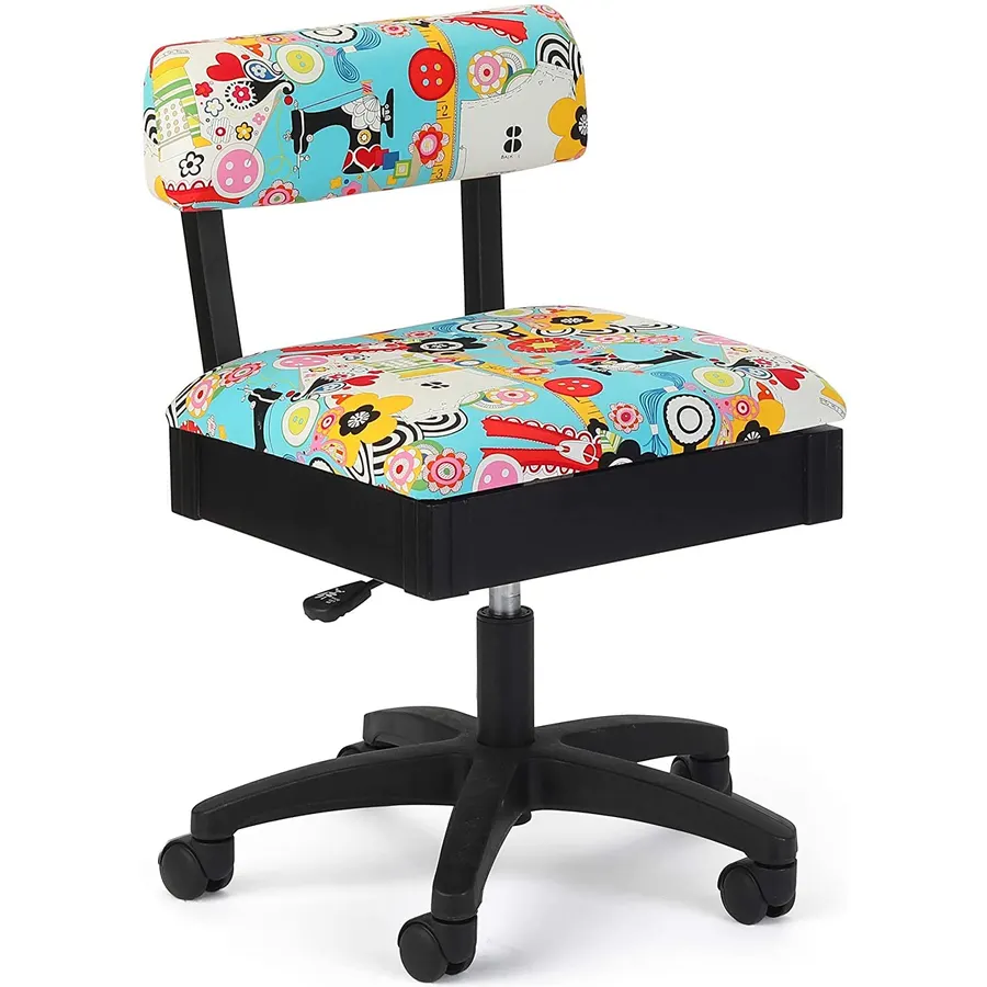 Arrow Sewing H6880 Adjustable Height Hydraulic Sewing and Craft Chair with Under Seat Storage and Printed Fabric, SEW Now SEW Wow Print