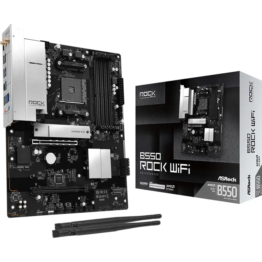 ASRock B550 Rock WiFi ATX Motherboard, AM4 Socket for Ryzen 3000-5000 CPUs, DDR4 4733+ (OC), PCIe 4.0, Triple M.2, 2.5G LAN, Wi-Fi 6E