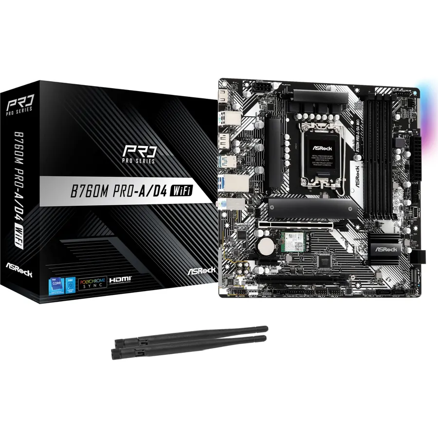 ASRock B760M Pro-A D4 Micro ATX Motherboard, Intel 14th/13th/12th Gen, 7+1+1 Dr.MOS, DDR4 5333+ (OC), PCIe 4.0, 2.5G LAN, Dual M.2