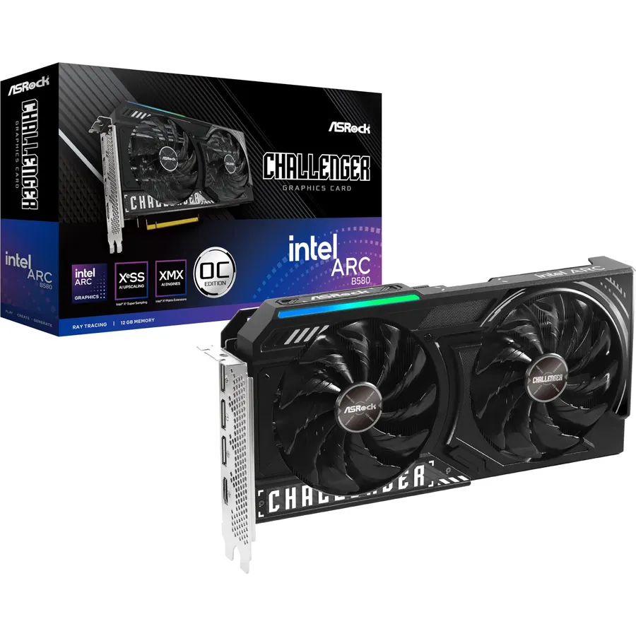ASRock Intel Arc B580 Challenger 12GB OC Graphics Card, 2740 MHz GPU Clock, 12GB GDDR6, DisplayPort 2.1, HDMI 2.1a, Dual Fan Cooling, 0dB Silent Operation