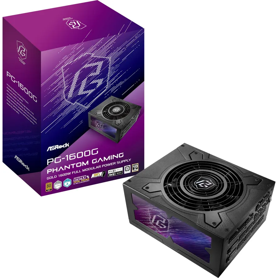 ASRock PG 1600G ATX 3.1 1600W Power Supply PCle5.1 10 Years Warranty Fully Modular Japanese Capacitor Phantom Gaming PG-1600G 80 Plus Gold Cybenetics Platinum 12V-2x6 Cables