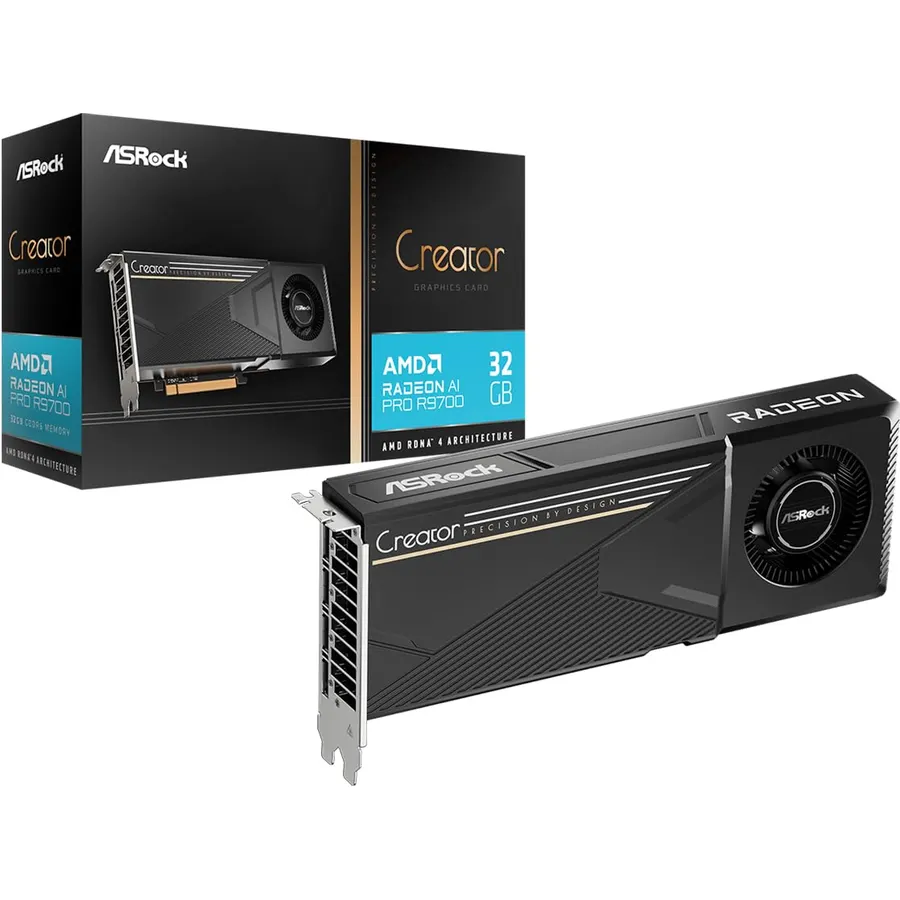 ASRock Radeon AI PRO R9700 Creator 32GB Professional Graphics Card, 2920 MHz Boost Clock, GDDR6, AMD RDNA 4, AI-Accelerators, DisplayPort 2.1a, PCIe 5.0, Blower Cooler