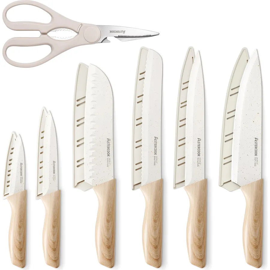 Astercook Knife Set, 13 Pieces Kitchen Knives Set with Ceramic Coating, Stainless Steel Chef Knife Sets with 6 Blade Guards, Dishwasher Safe Knives with Wood Grain Handle, Elegant White