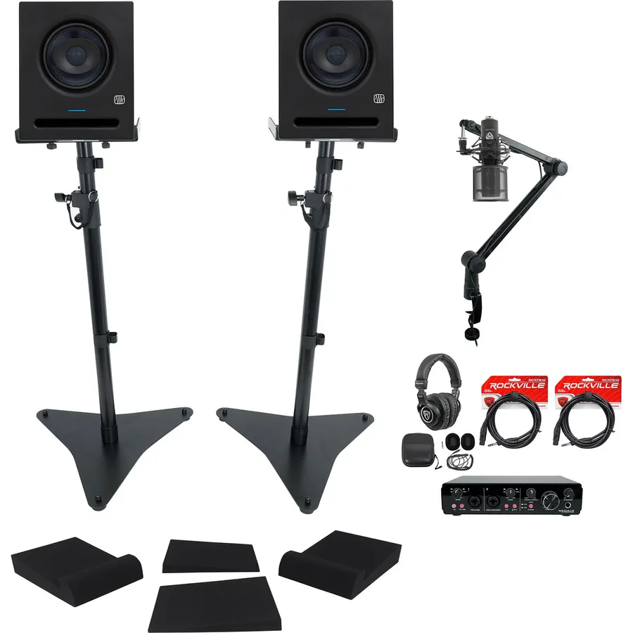 Audiosavings Bundle: (2) Presonus Eris Pro 6 Speaker Bundle with Rockville PRO-M50 Headphone+RCM PRO Microphone+(2) RCXFB10B 10' Cable+Rogan & RVSM5 Stands+RRS190S Pads+R-Track Interface (14 Item)