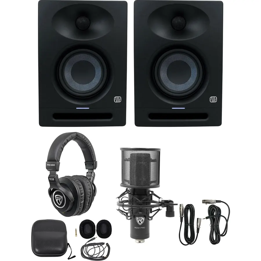 Audiosavings Bundle: (2) Presonus Eris Studio 4 Powered Active 4" Studio Monitor Speaker Bundle with Rockville PRO-M50 Studio Headphones & Rockville RCM PRO Studio/Recording Microphone (4 Items)