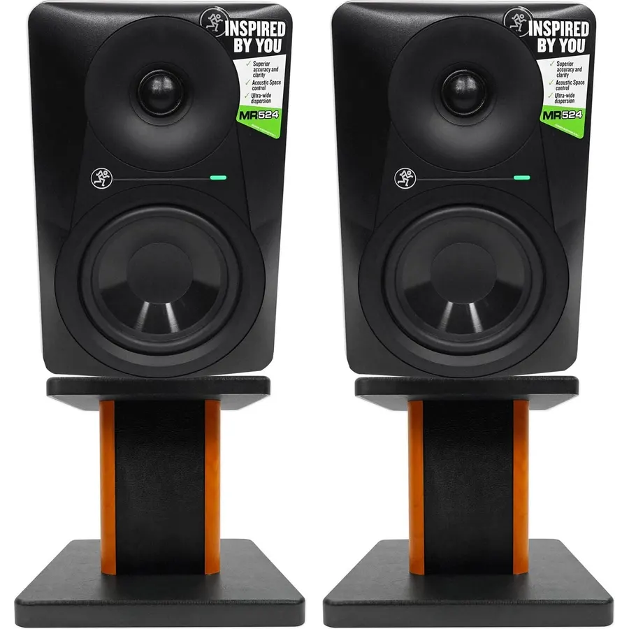 Audiosavings Bundle: (2) MR524 5 50 Watt Powered Active Studio Monitor Class A/B Bi-Amped Speaker Bundle with (2) Rockville RHT8C Bookshelf Speaker/Studio Monitor Stands-Wood (4 Items)