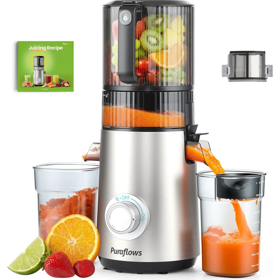 TUUMIIST Cold Press Juicer Machine, 5.8 Inch Extra Large Feed Chute for Whole Fruits, Easy to Clean Slow Juicer, High Yield, BPA Free - Classic White