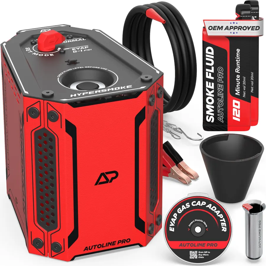 AutoLine Pro HyperSmoke™ Automotive Smoke Machine EVAP Vacuum Leak Tester – Adjustable Pressure – OEM Approved Smoke Fluid – Built-in Air Compressor Motor – Includes Cone and Gas Cap EVAP Adapter.