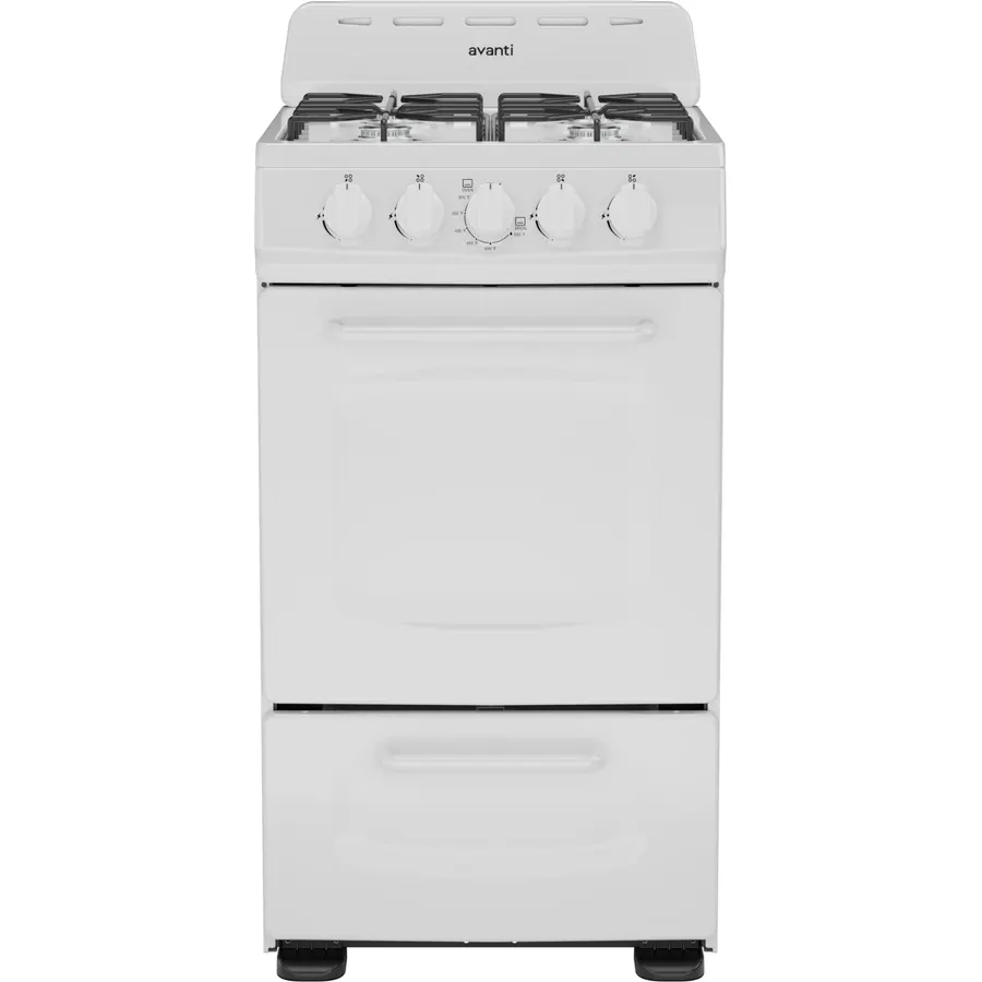 Avanti Gas Range Oven, Compact Freestanding Design, 2.6-Cu.Ft. Capacity 4 Sealed Burners with Electronic Ignition, Includes Broiler Storage Drawer and Accessories, 24-Inch, White