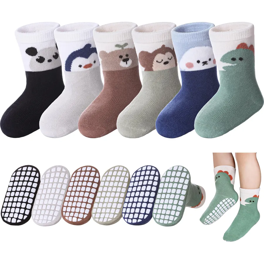 Baby Toddlers Non Slip Socks with Grippers Cotton Crew Gift Grips Socks for Kids Boys Girls 6 Pairs