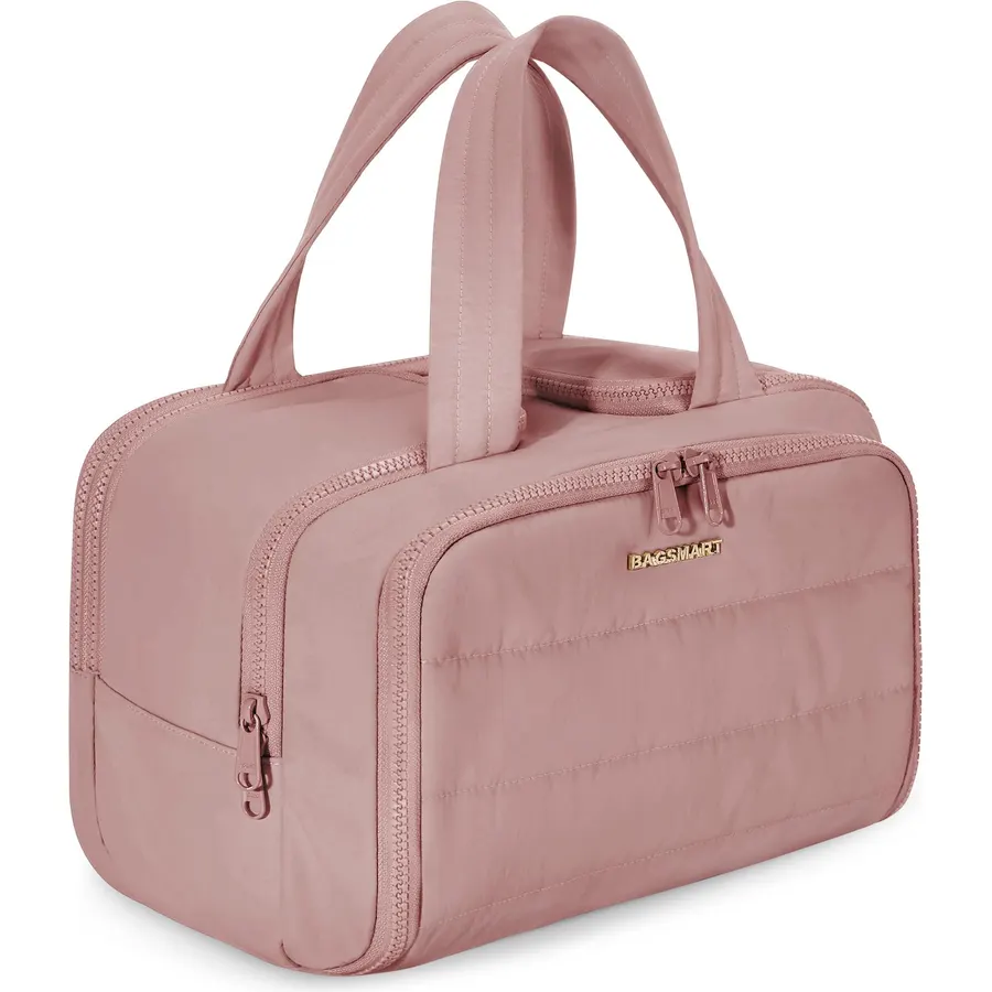 BAGSMART Travel Toiletry Bag, Lightweight Large Wide-open Travel Bag for Women, Puffy Cosmetic Makeup Bag Organizer with Handle for Accessories,Essentials, Toiletries, Dark Pink