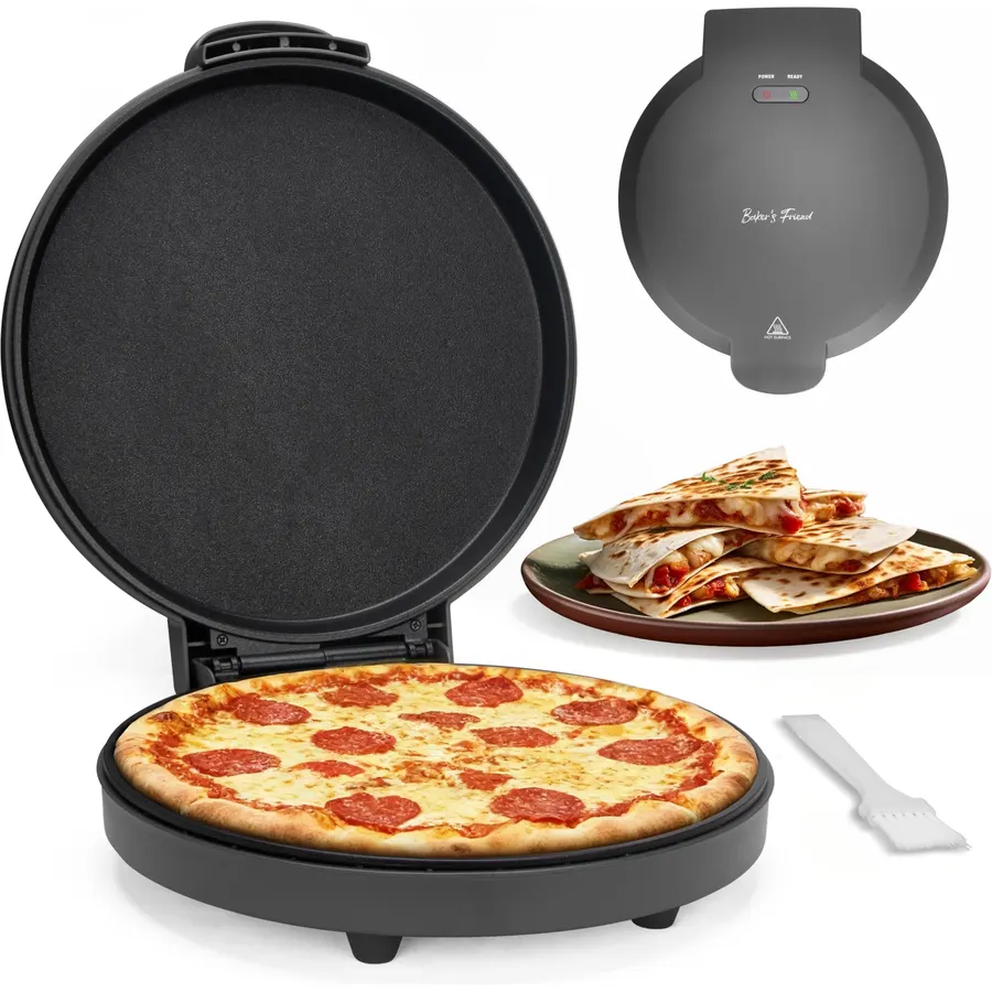 Baker’s Friend Countertop Pizza Maker Electric, 12 Inch Pizza Maker Machine for Home, Quesadilla Maker, Non-stick Cooking Plates,Horno Para Pizza, 1400W, Graphite