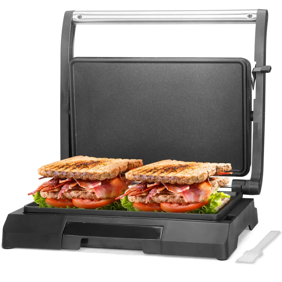 Baker's Friend Mini Panini Press Electric Griddle, Sandwichera Electrical for Pancakes & Eggs, 2 Slices of Panini Grill Press Sandwich Maker Press, Stainless Steel, Non Stick Surfaces, Oil Tray