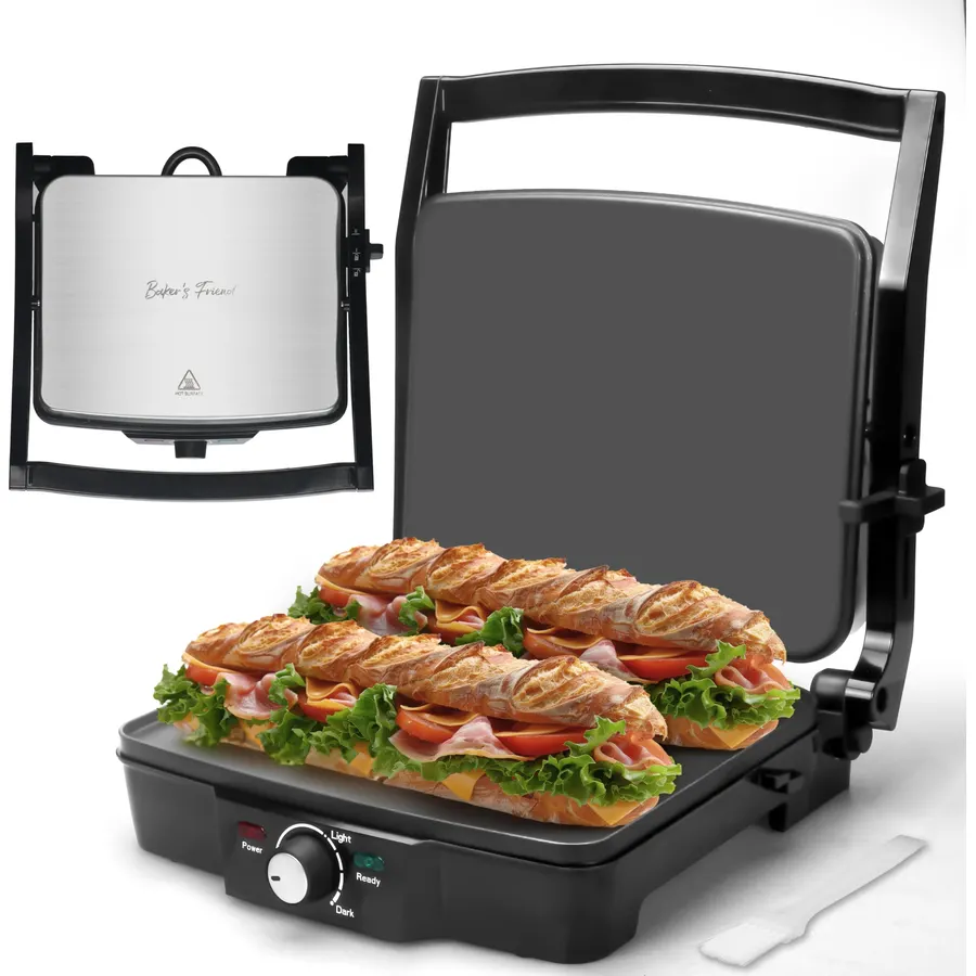 Baker's Friend Panini Press Electric Griddle, Panini Grill Press Sandwich Maker Press, Grilled Cheese Maker, Sandwichera Electrical, Browning Control, Non Stick Surfaces, 4-Slices, Stainless Steel