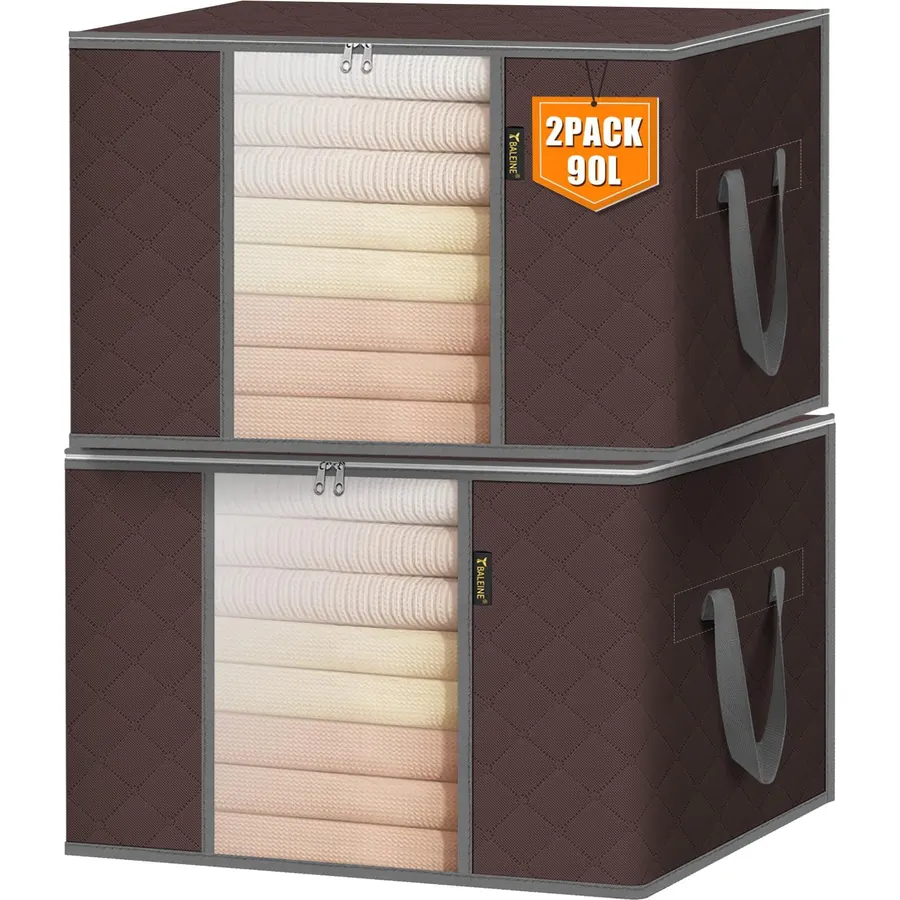 BALEINE 2 Pack Clothes Storage Bags, 24 Gallon Storage Containers with Reinforced Handle, Sturdy Zipper, Closet Organizer for Blanket, Comforter, Pillow, Bedding (Brown, 2 Pack)