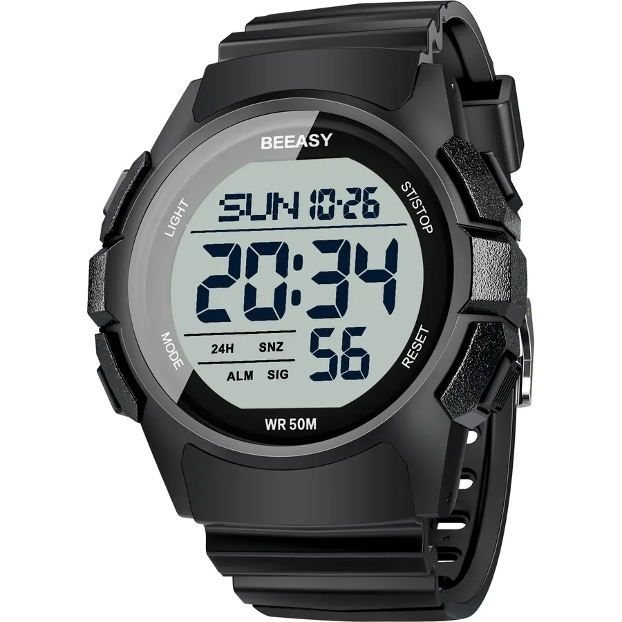 Beeasy Mens Digital Sports Watch, 50M Waterproof 49mm Rubber Strap Mens Watches with Stopwatch, Countdown Timer, Alarm & Dual Time—Ideal for Sport, Gym, Running, Referee, School & Daily Wear