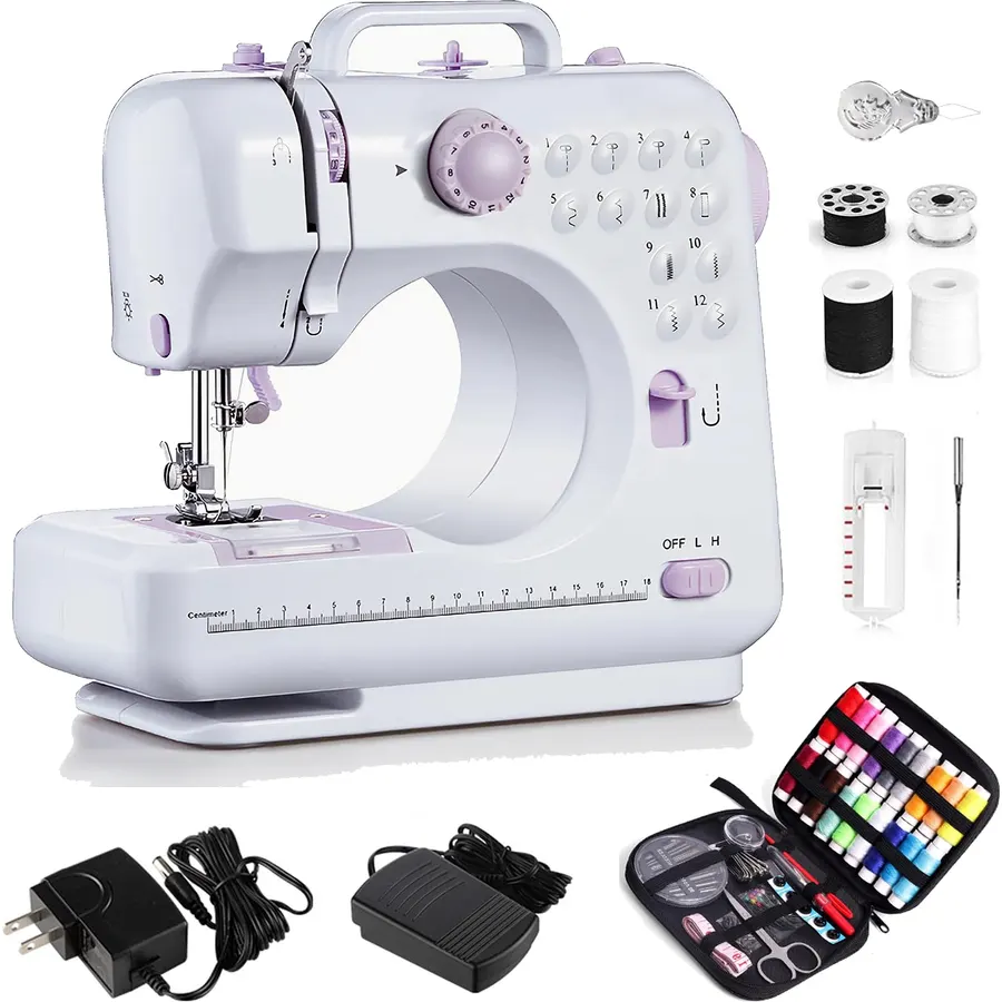 Beginner-Friendly Sewing Machine,12 Built-In Stitches, 2 Speeds, Foot Pedal, Portable Design With Sewing Kit (Purple)