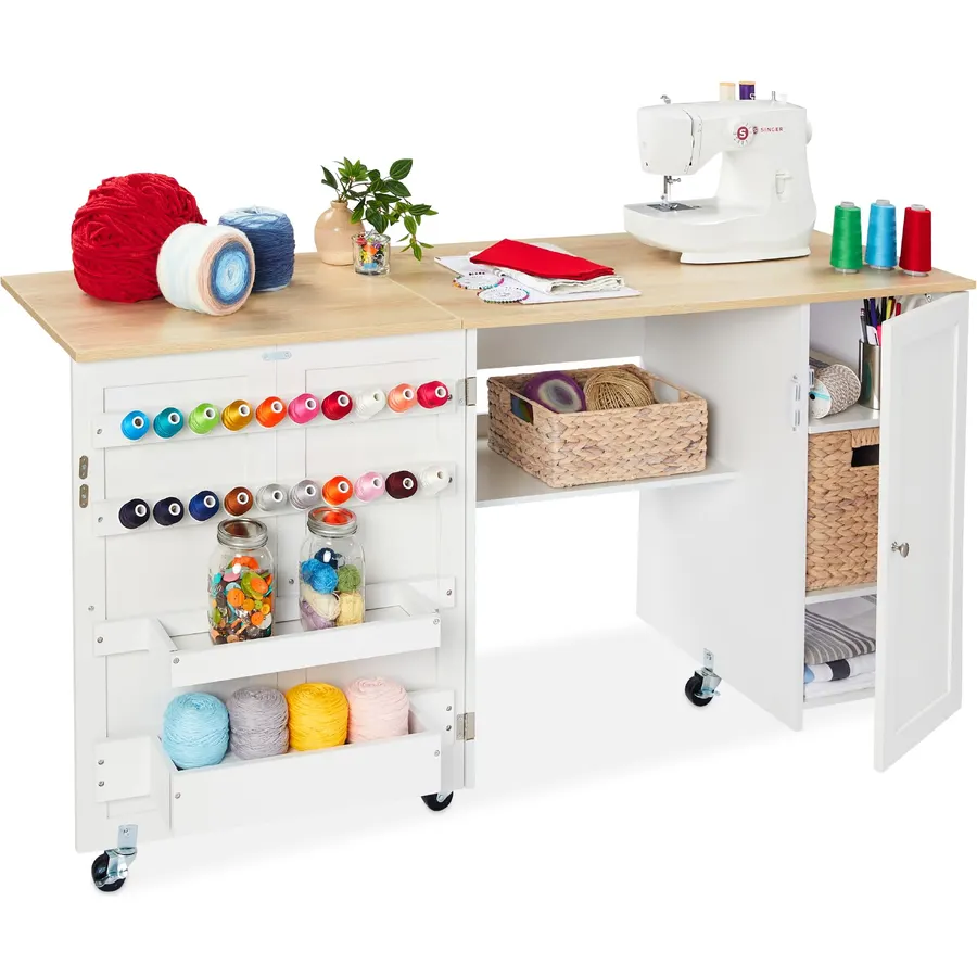 Best Choice Products Folding Sewing Table Multipurpose Craft Station & Side Desk with Compact Design, Wheels, Shelves, Storage Trays, Pegs, Magnetic Doors, Metal Doorknobs - White