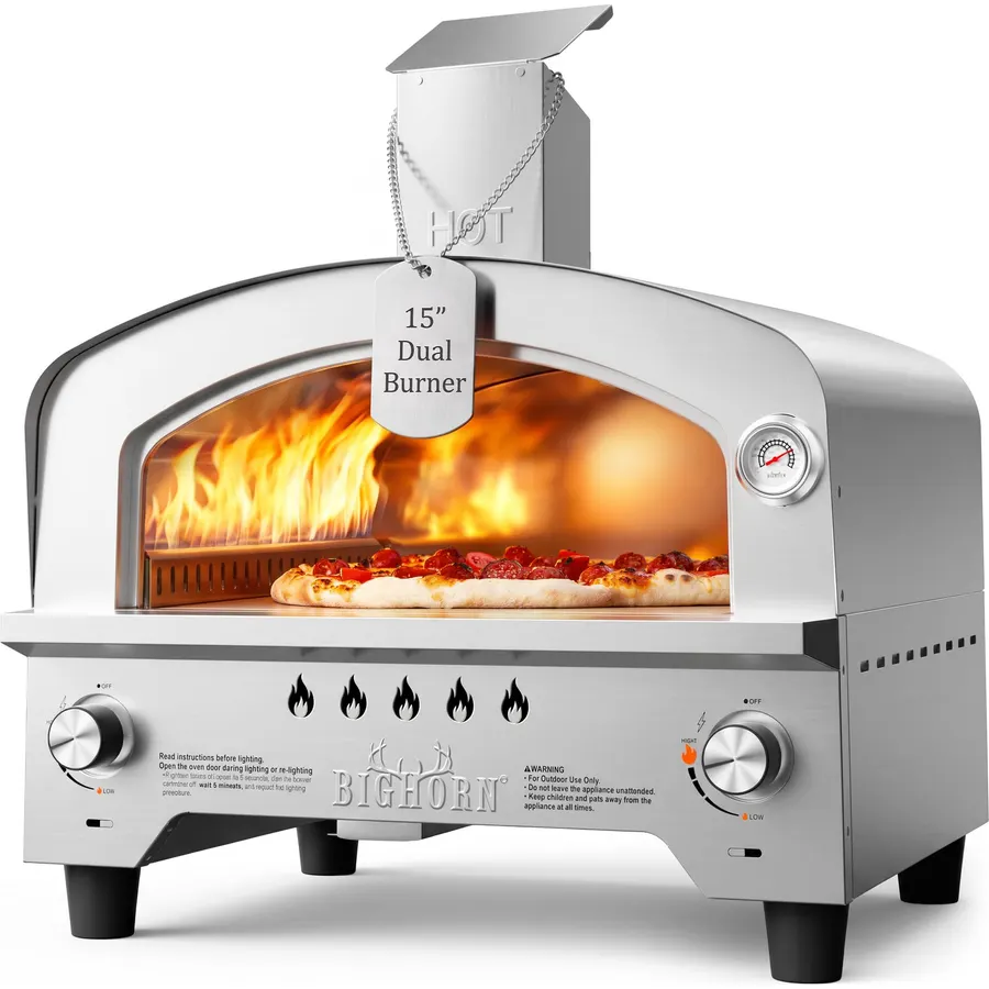 BIG HORN Gas Pizza Oven, Portable Propane Pizza Oven with 15 inch Pizza Stone, Stainless Steel Pizza Maker for Outdoor Cooking