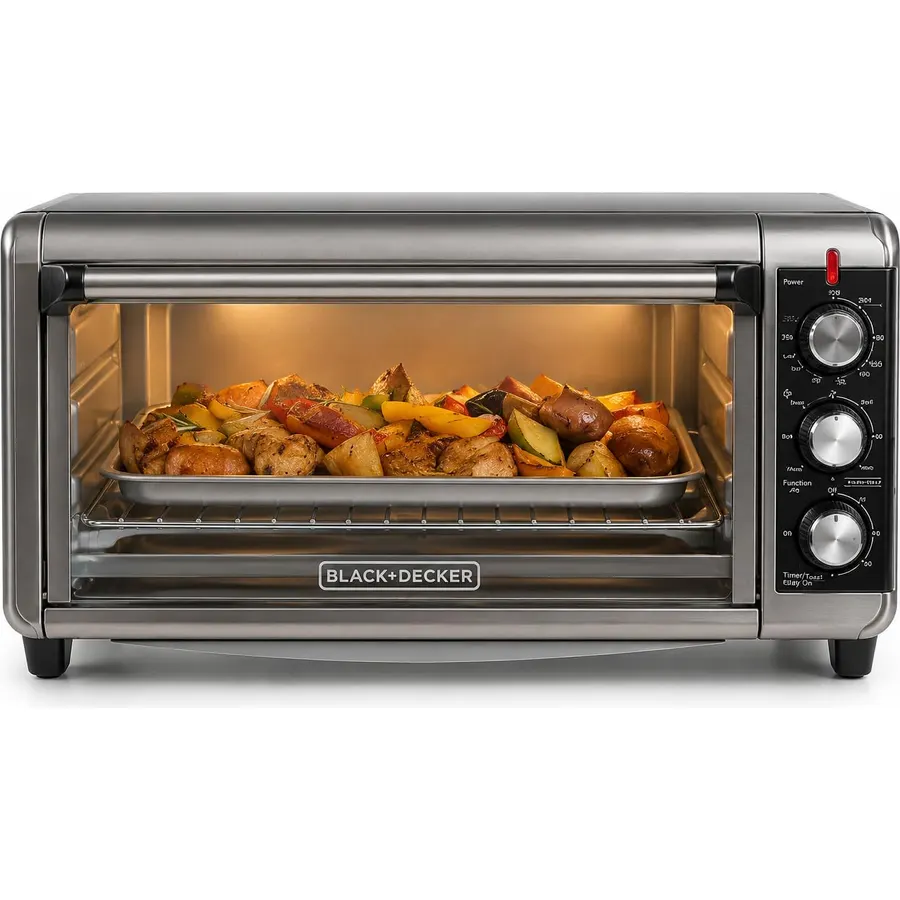 BLACK+DECKER TO3250XSBD 8-Slice Extra Wide Convection Countertop Toaster Oven, Includes Bake Pan, Broil Rack & Toasting Rack, Stainless Steel/Black