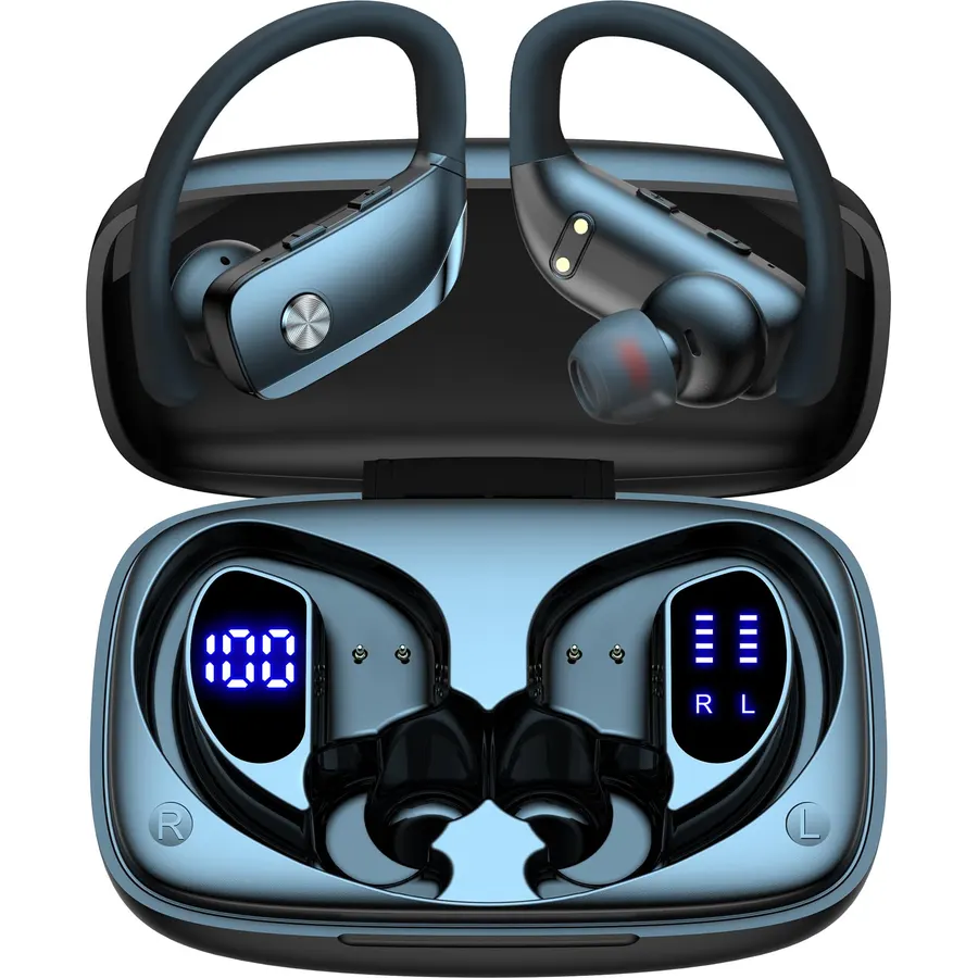 bmani Ear Buds Wireless Earbuds Bluetooth Headphones with 80H Playtime LED Display Case, Over-Ear Hook with Mic, Stereo Sound, Easy Button Controls, Sports Earphones for Running Workout Gym Black