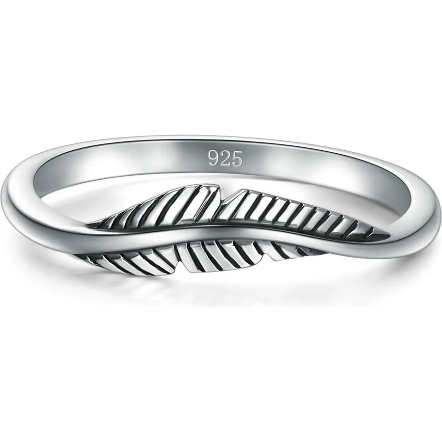 BORUO 925 Sterling Silver Ring, Feather Ring Size 4-12
