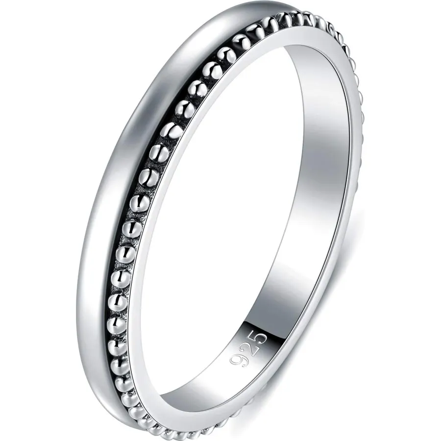 BORUO 925 Sterling Silver Thin Beaded Bali Stackable Ring, 2mm, 4-12
