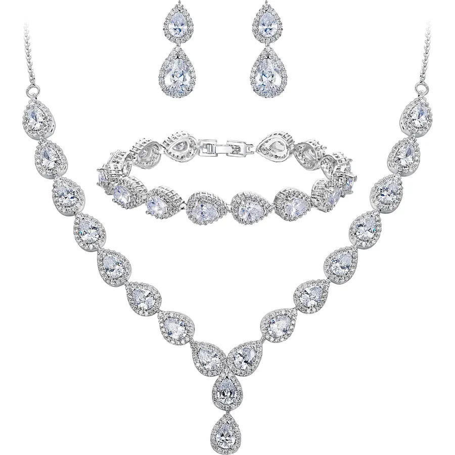 BriLove Wedding Jewelry Set for Women CZ Teardrop Flower Leaf Filigree Necklace Earrings Party Prom Accessories