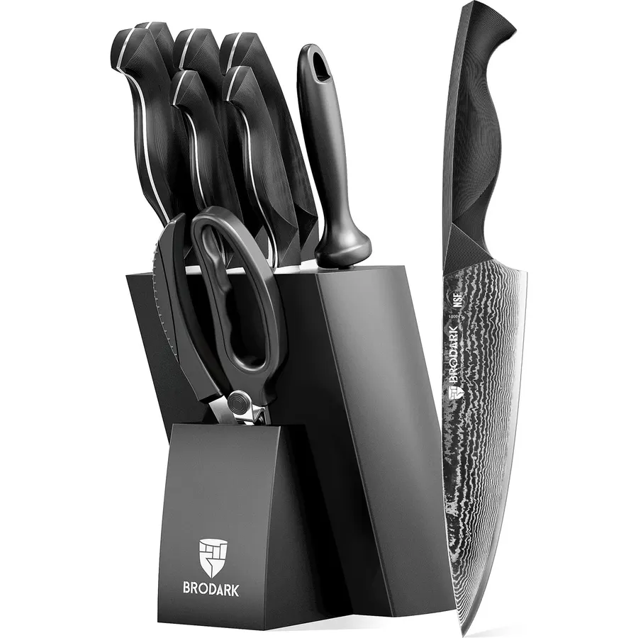 BRODARK Knife Set, 9PCS Damascus Knife Set with Block, Japanese Knives