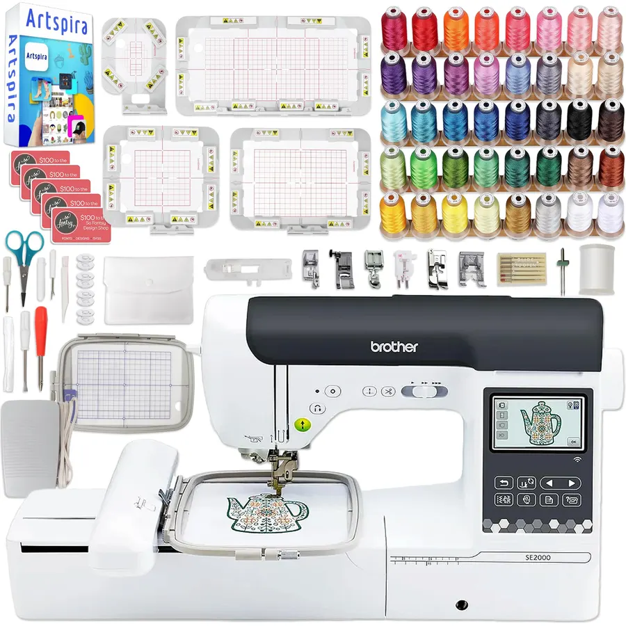 Brother SE2000 5" x 7" Combo Embroidery & Sewing Machine with 4 Magnetic Embroidery Hoops, 40pc Embroidery Threads & Accessories Kit
