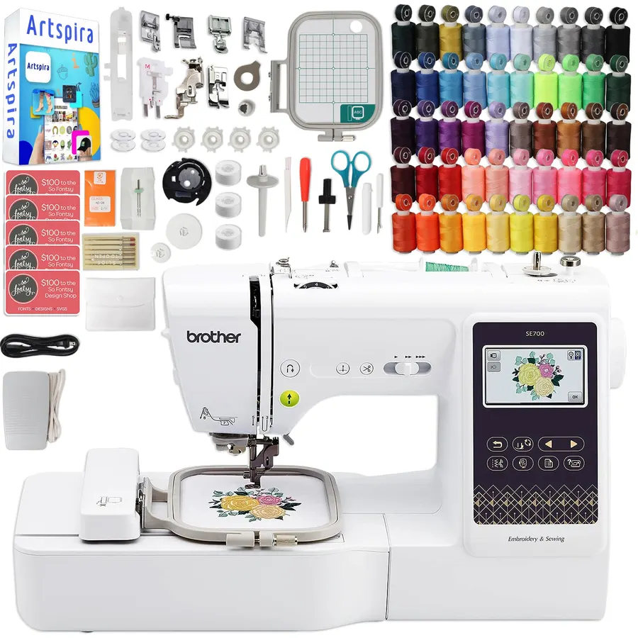 Brother SE700 Embroidery & Sewing Machine with 50 Sewing Spools, Color Matching Bobbins & Accessories