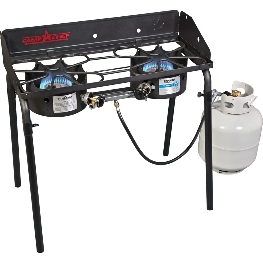 Camp Chef Explorer, Two Burner Stove, Two 30,000 BTU's cast-aluminum burners, Cooking Dimensions: 14 in. x 32 in, Black