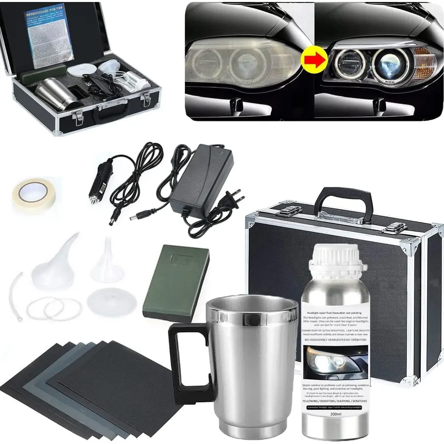 Car Headlight Restoration Kit, Auto Headlight Lens Polish Repair Kit Atomizing Cup Headlight Vapor Renovation Tool with 200ml Liquid for Repair of Scratch,Yellowed, Haze, Oxidized, Cracked Headlights